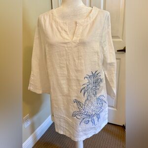 NWT, Tommy Bahama / Padres White Linen Tunic w/ Blue Pineapple Embroidery Sz Med